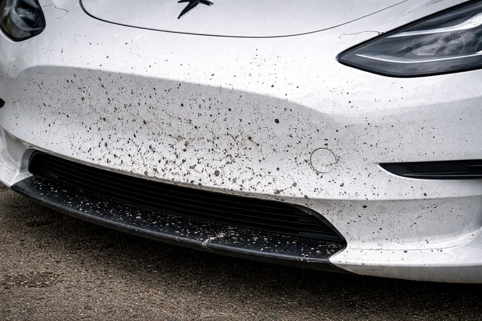 Destroyed front bumper from road debris and rock chips