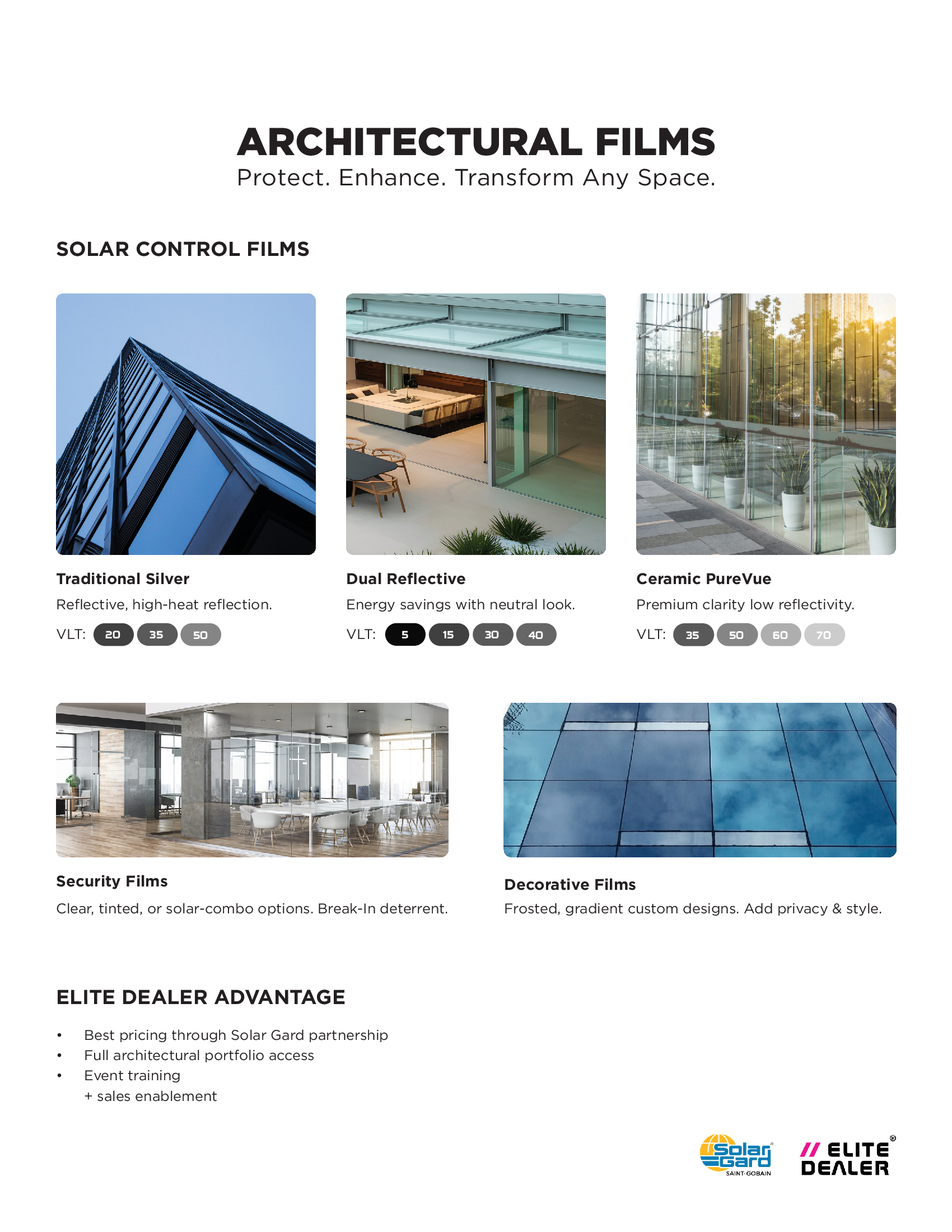 Architectural film options including solar control, ceramic, security, and decorative films
